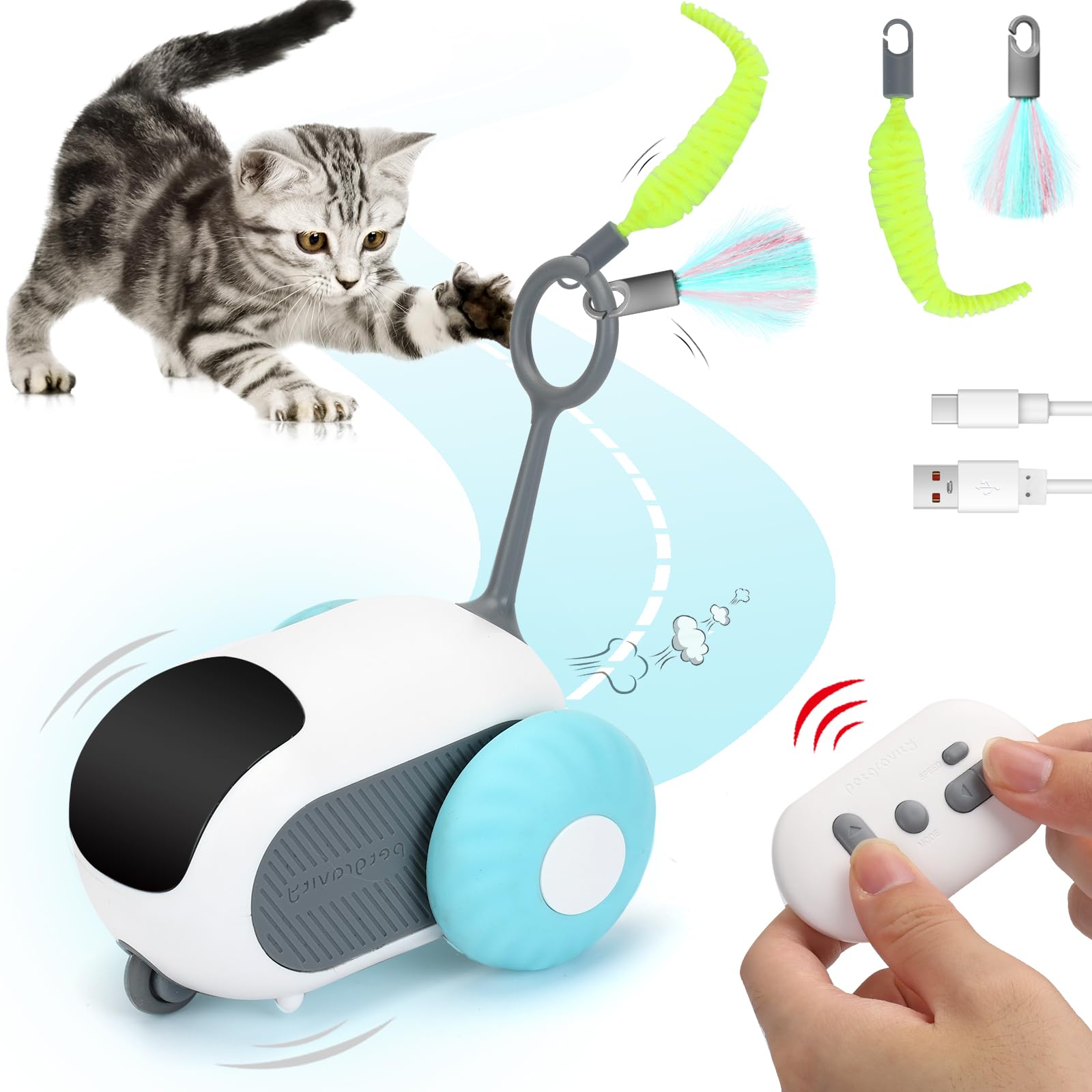 Remote Control Interactive Cat Toy (Rechargeable, 2-Speed, Smart Auto Mode)